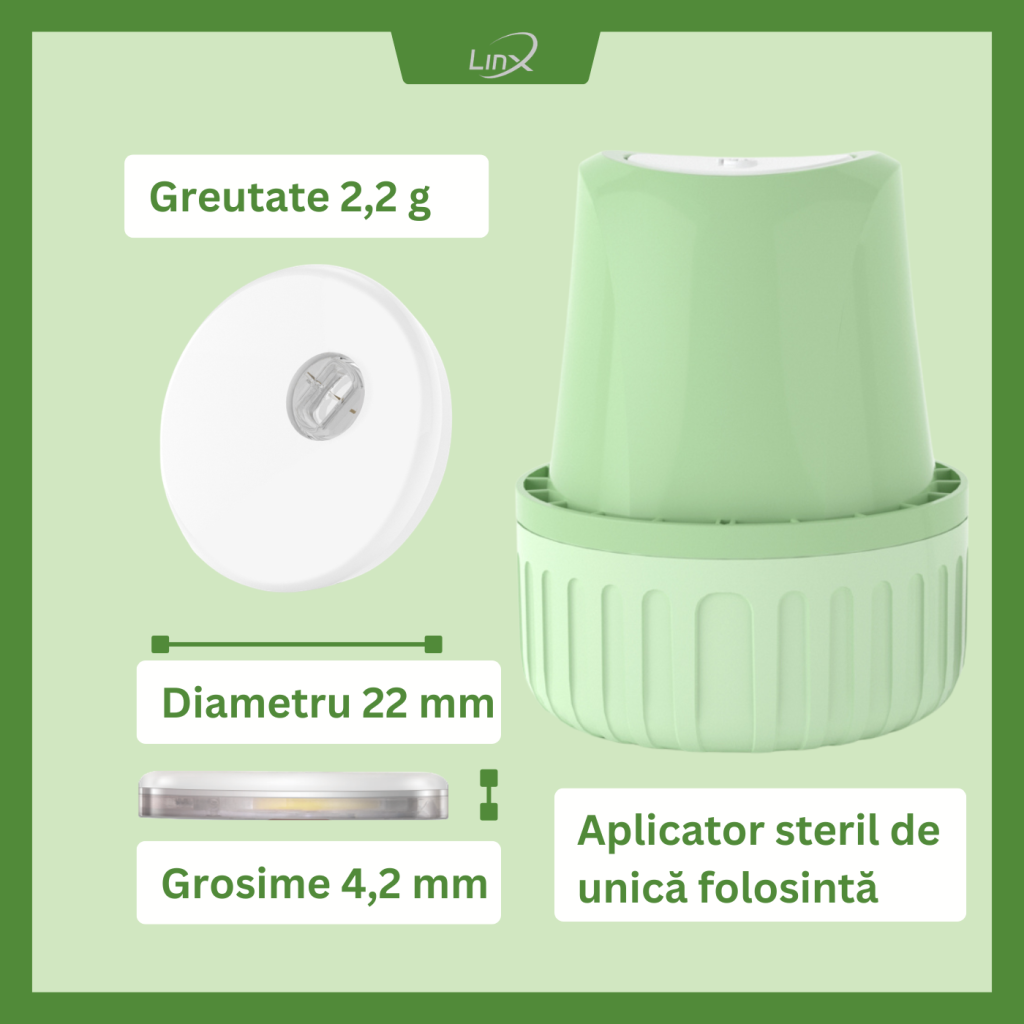 IMagine cu dimensiunile exacte ale senzorului de glicemiei Linx